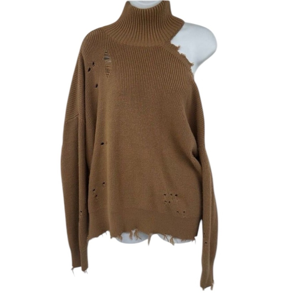 Revolve Lovers + Friends Camel Arlington One Shoulder Distressed Sweater Medium